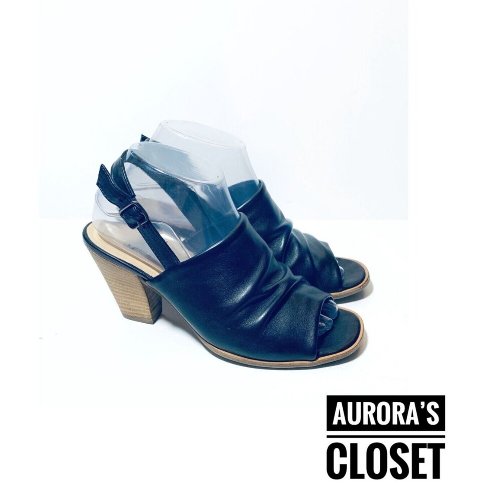 Paul Green 7.5 Black Leather Slingback Peep Toe Stacked Block Ruched $395